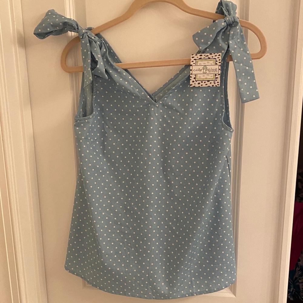 Chartreuse Tie Strap Tank Chambray & White Dot, S